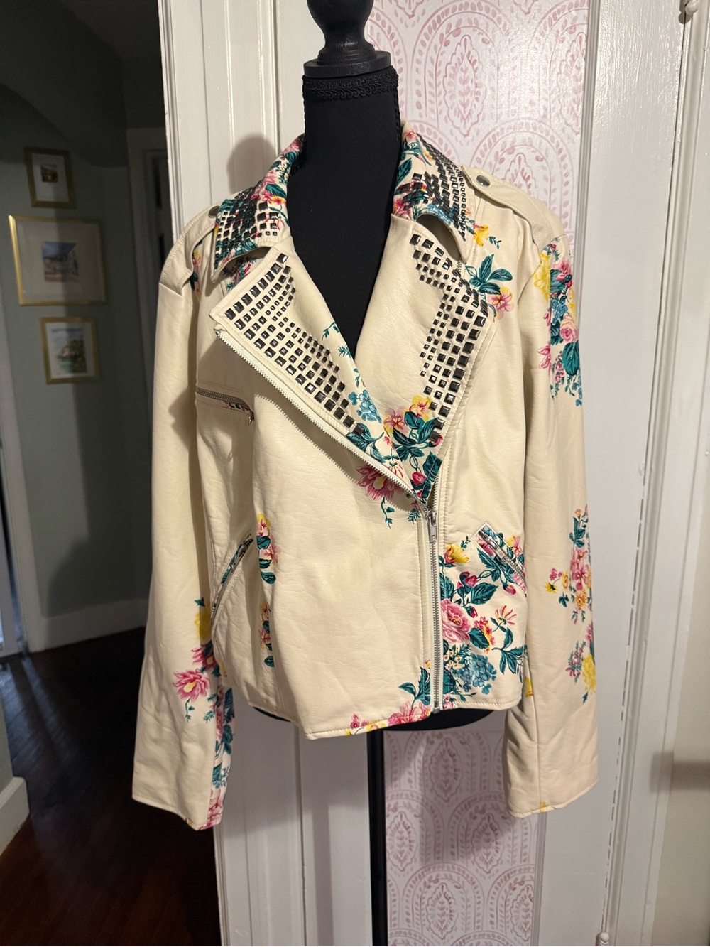 Ashley Nell Tipton Cream Floral Studded Faux Leather Moto Jacket